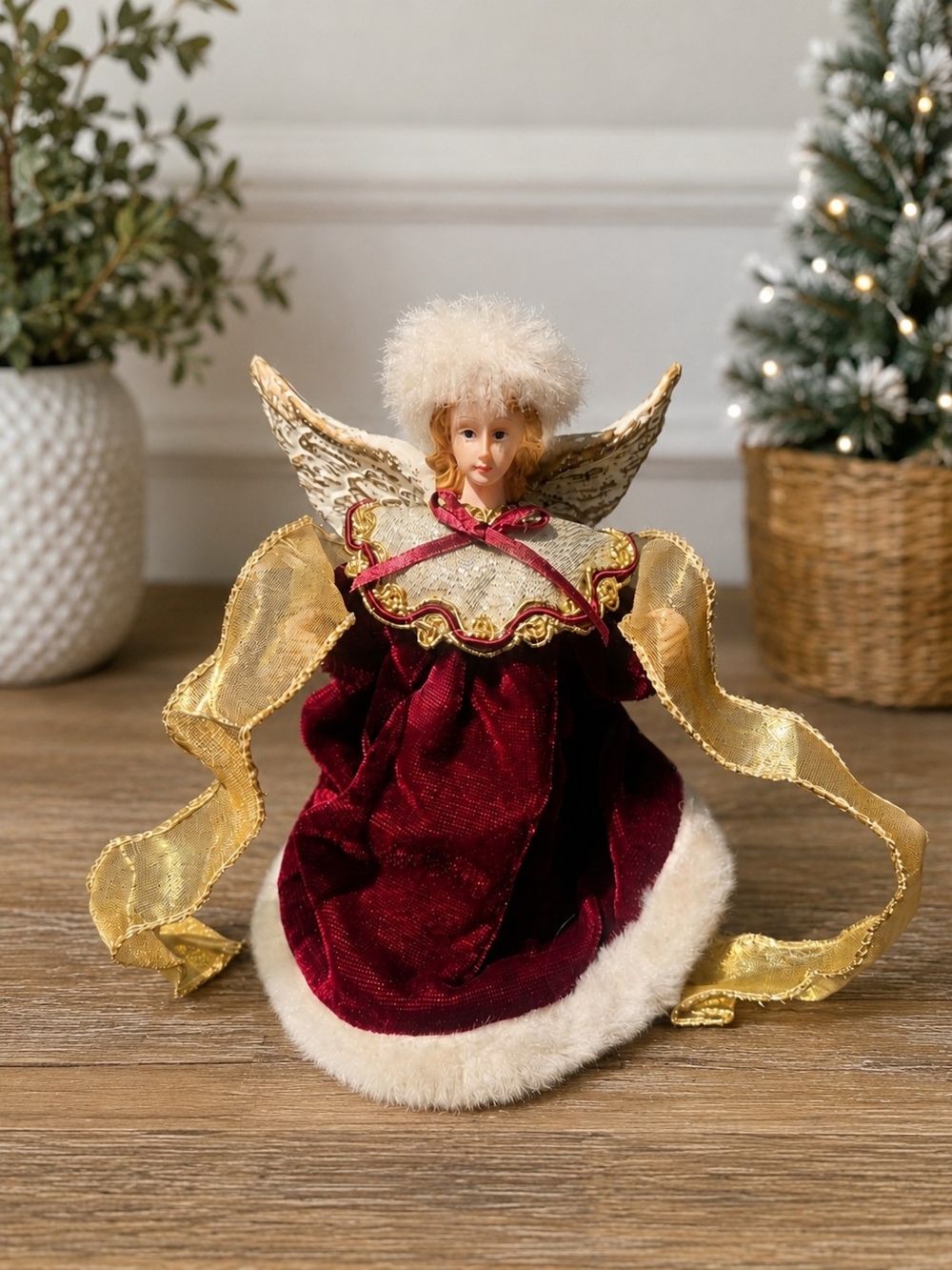 Vintage Christmas Angel Velvet Tree Topper – Burgundy & Gold, 6.5"
